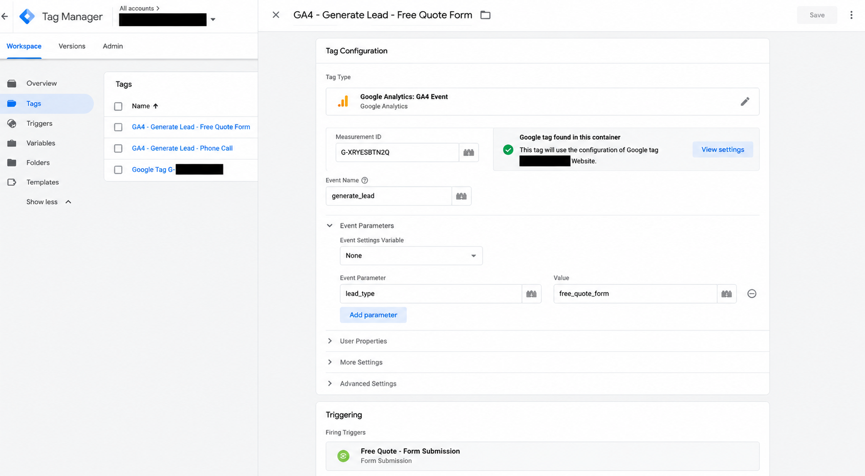 GA4 Generate Lead Free Quote Form tag configuration showing lead_type parameter set to free_quote_form